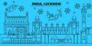 Hindistan, Lucknow kış tatil manzarası. Mutlu Noeller, mutlu yeni yıl afiş Santa Claus.India, Lucknow doğrusal Noel şehir vektör düz çizim ile dekore edilmiş