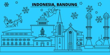 Endonezya, Bandung kış tatil manzarası. Mutlu Noeller, mutlu yeni yıl afiş Santa Claus.Indonesia, Bandung doğrusal Noel şehir vektör düz çizim ile dekore edilmiş
