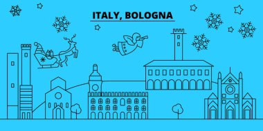 İtalya, Bologna kış tatil manzarası. Mutlu Noeller, mutlu yeni yıl afiş Santa Claus.Italy, Bologna doğrusal Noel şehir vektör düz çizim ile dekore edilmiş