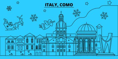 İtalya, Como kış tatil manzarası. Mutlu Noeller, mutlu yeni yıl afiş Santa Claus.Italy, Como doğrusal Noel şehir vektör düz çizim ile dekore edilmiş