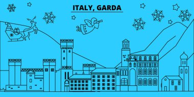 İtalya, Garda kış tatil manzarası. Mutlu Noeller, mutlu yeni yıl afiş Santa Claus.Italy, Garda doğrusal Noel şehir vektör düz çizim ile dekore edilmiş