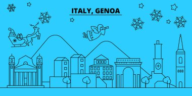 İtalya, Cenova kış tatil manzarası. Mutlu Noeller, mutlu yeni yıl afiş Santa Claus.Italy, Cenova doğrusal Noel şehir vektör düz çizim ile dekore edilmiş