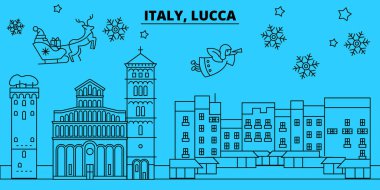 İtalya, Lucca kış tatil manzarası. Mutlu Noeller, mutlu yeni yıl afiş Santa Claus.Italy, Lucca doğrusal Noel şehir vektör düz çizim ile dekore edilmiş
