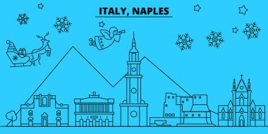İtalya, Napoli kış tatil manzarası. Mutlu Noeller, mutlu yeni yıl afiş Santa Claus.Italy, Napoli doğrusal Noel şehir vektör düz çizim ile dekore edilmiş