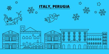 İtalya, Perugia kış tatil manzarası. Mutlu Noeller, mutlu yeni yıl afiş Santa Claus.Italy, Perugia doğrusal Noel şehir vektör düz çizim ile dekore edilmiş