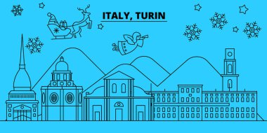 İtalya, Turin kış tatil manzarası. Mutlu Noeller, mutlu yeni yıl afiş Santa Claus.Italy, Turin doğrusal Noel şehir vektör düz çizim ile dekore edilmiş