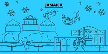 Jamaika kış tatil manzarası. Mutlu Noeller, mutlu yeni yıl afiş Santa Claus.Jamaica doğrusal Noel şehir vektör düz çizim ile dekore edilmiş