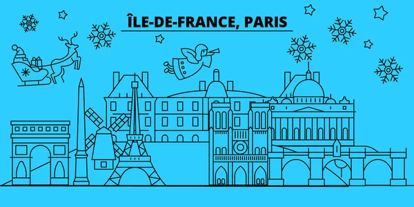 France, Paris city winter holidays skyline. Merry Christmas, Happy New Year decorated banner with Santa Claus.France, Paris city linear christmas city vector flat illustration