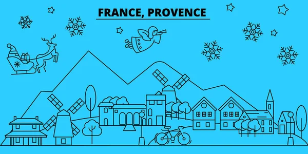 Frankreich, provence winter holidays skyline. frohe Weihnachten, frohes neues jahr dekoriertes banner mit santa claus.france, provence linearer weihnachtsstadt vektor flache illustration — Stockvektor