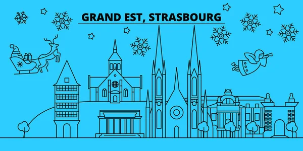 Frankreich, Straßburg Winterferien Skyline. frohe Weihnachten, frohes neues jahr geschmücktes banner mit santa claus.france, strasbourg linearer weihnachtsstadt vektor flache illustration — Stockvektor