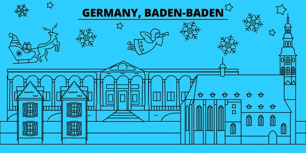 Alemania, Baden-Baden horizonte de vacaciones de invierno. Feliz Navidad, Feliz Año Nuevo decorado banner con Santa Claus.Germany, Baden-Baden lineal navidad vector de la ciudad plana ilustración — Vector de stock