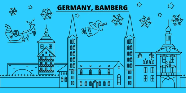 Alemania, Bamberg horizonte de vacaciones de invierno. Feliz Navidad, Feliz Año Nuevo decorado banner con Santa Claus.Germany, Bamberg lineal navidad ciudad vector plana ilustración — Vector de stock