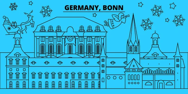 Németország, Bonn téli ünnepek skyline. Kellemes karácsonyi ünnepeket, boldog új évet díszített Santa Claus.Germany, Bonn lineáris karácsonyi város vektor lapos illusztráció banner — Stock Vector
