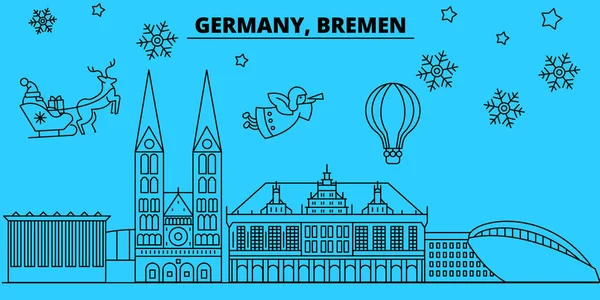 Allemagne, Brême vacances d'hiver skyline. Joyeux Noël, Bonne année décorée bannière avec Santa Claus.Allemagne, Brême linéaire ville de Noël vecteur plat illustration — Image vectorielle