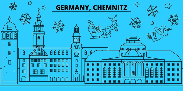 Allemagne, Chemnitz vacances d'hiver skyline. Joyeux Noël, Bonne année décorée bannière avec Santa Claus.Germany, Chemnitz linéaire ville de Noël vecteur plat illustration — Image vectorielle