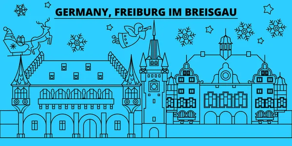 Németország, Freiburg im Breisgau téli ünnepek skyline. Boldog karácsonyt, Happy New Year Santa Claus.Germany, Freiburg im Breisgau lineáris karácsonyi város vektor lapos illusztráció — Stock Vector