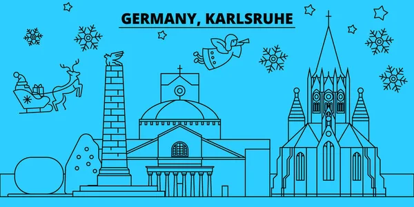 Németország, Karlsruhe téli ünnepek skyline. Kellemes karácsonyi ünnepeket, boldog új évet díszített Santa Claus.Germany, Karlsruhe lineáris karácsonyi város vektor lapos illusztráció banner — Stock Vector