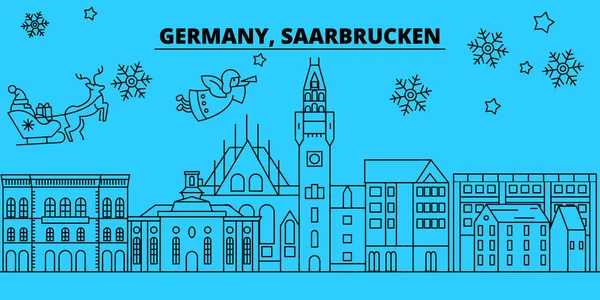 Alemania, Saarbrucken horizonte de vacaciones de invierno. Feliz Navidad, Feliz Año Nuevo decorado banner con Santa Claus.Flat, vector.Germany contorno, Saarbrucken lineal navidad ciudad ilustración — Archivo Imágenes Vectoriales