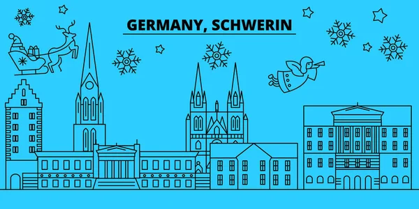 Alemania, Schwerin horizonte de vacaciones de invierno. Feliz Navidad, Feliz Año Nuevo decorado banner con Santa Claus.Germany, Schwerin lineal navidad ciudad vector plana ilustración — Vector de stock