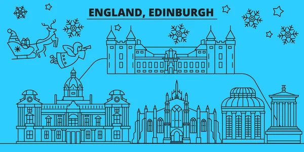 Great Britain, Edinburgh winter holidays skyline. Merry Christmas, Happy New Year decorated banner with Santa Claus.Great Britain, Edinburgh linear christmas city vector flat illustration — Stock Vector