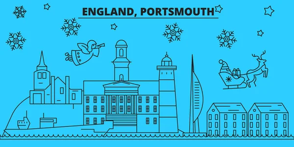 Grã-Bretanha, horizonte de férias de inverno Portsmouth. Feliz Natal, Feliz Ano Novo decorado banner com Papai Noel. Grã-Bretanha, Portsmouth linear natal cidade vetor plana ilustração —  Vetores de Stock