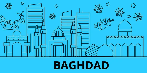 Irak, Bagdad vacances d'hiver skyline. Joyeux Noël, Bonne année décorée bannière avec Santa Claus.Iraq, Bagdad linéaire Noël ville vecteur plat illustration — Image vectorielle