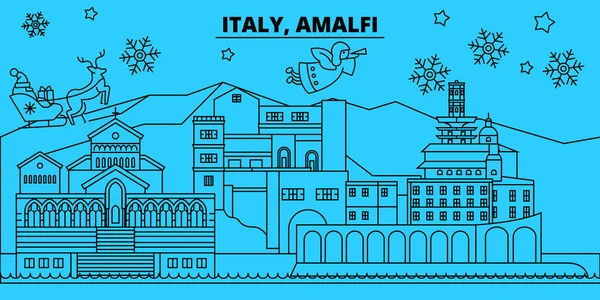 İtalya, Amalfi kış tatil manzarası. Mutlu Noeller, mutlu yeni yıl afiş Santa Claus.Italy, Amalfi doğrusal Noel şehir vektör düz çizim ile dekore edilmiş — Stok Vektör