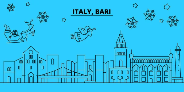 Italie, Bari vacances d'hiver skyline. Joyeux Noël, Bonne année décorée bannière avec Santa Claus.Italy, Bari linéaire Noël ville vecteur plat illustration — Image vectorielle