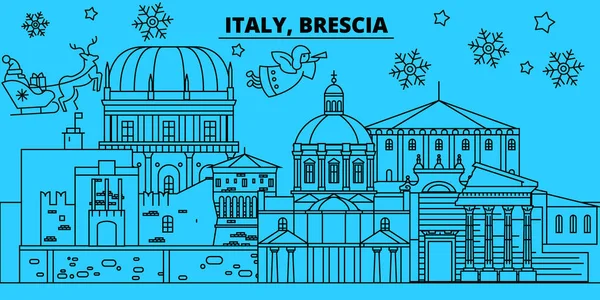 Italie, Brescia vacances d'hiver skyline. Joyeux Noël, Bonne année décorée bannière avec Santa Claus.Italy, Brescia linéaire Noël ville vecteur plat illustration — Image vectorielle