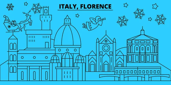 Italy, Florence city winter holidays skyline. Merry Christmas, Happy New Year decorated banner with Santa Claus.Italy, Florence city linear christmas city vector flat illustration