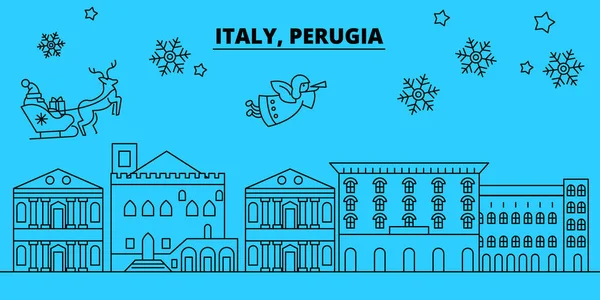 stock vector Italy, Perugia winter holidays skyline. Merry Christmas, Happy New Year decorated banner with Santa Claus.Italy, Perugia linear christmas city vector flat illustration