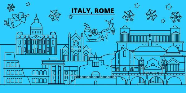 Italie, Rome ville vacances d'hiver skyline. Joyeux Noël, Bonne année décorée bannière avec Santa Claus.Italie, Rome ville linéaire Noël ville vecteur plat illustration — Image vectorielle