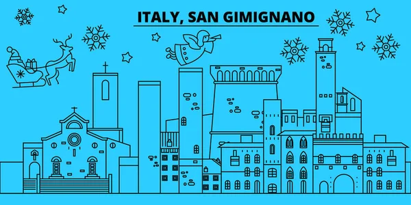 Italia, San Gimignano vinterferie skyline. God jul, godt nytt år, dekorert banner med Santa Claus.Italy, San Gimignano, lineær juleby vektor flat illustrasjon – stockvektor