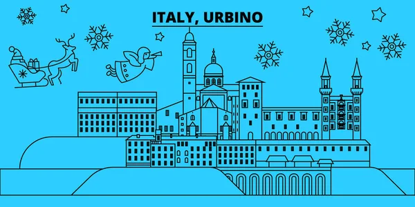 Italië, Urbino winter vakantie skyline. Vrolijk kerstfeest, gelukkig Nieuwjaar ingericht banner met Santa Claus.Italy, Urbino lineaire kerst stad platte vectorillustratie — Stockvector