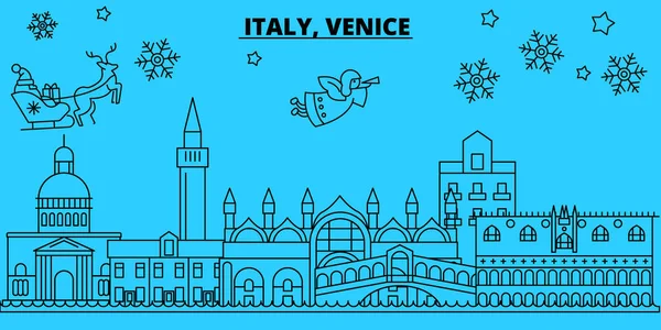 Italy, Venice city winter holidays skyline. Merry Christmas, Happy New Year decorated banner with Santa Claus.Italy, Venice city linear christmas city vector flat illustration