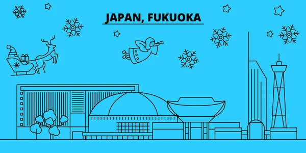 Japón, Fukuoka horizonte de vacaciones de invierno. Feliz Navidad, Feliz Año Nuevo decorado banner con Santa Claus.Japan, Fukuoka lineal navidad ciudad vector plana ilustración — Vector de stock