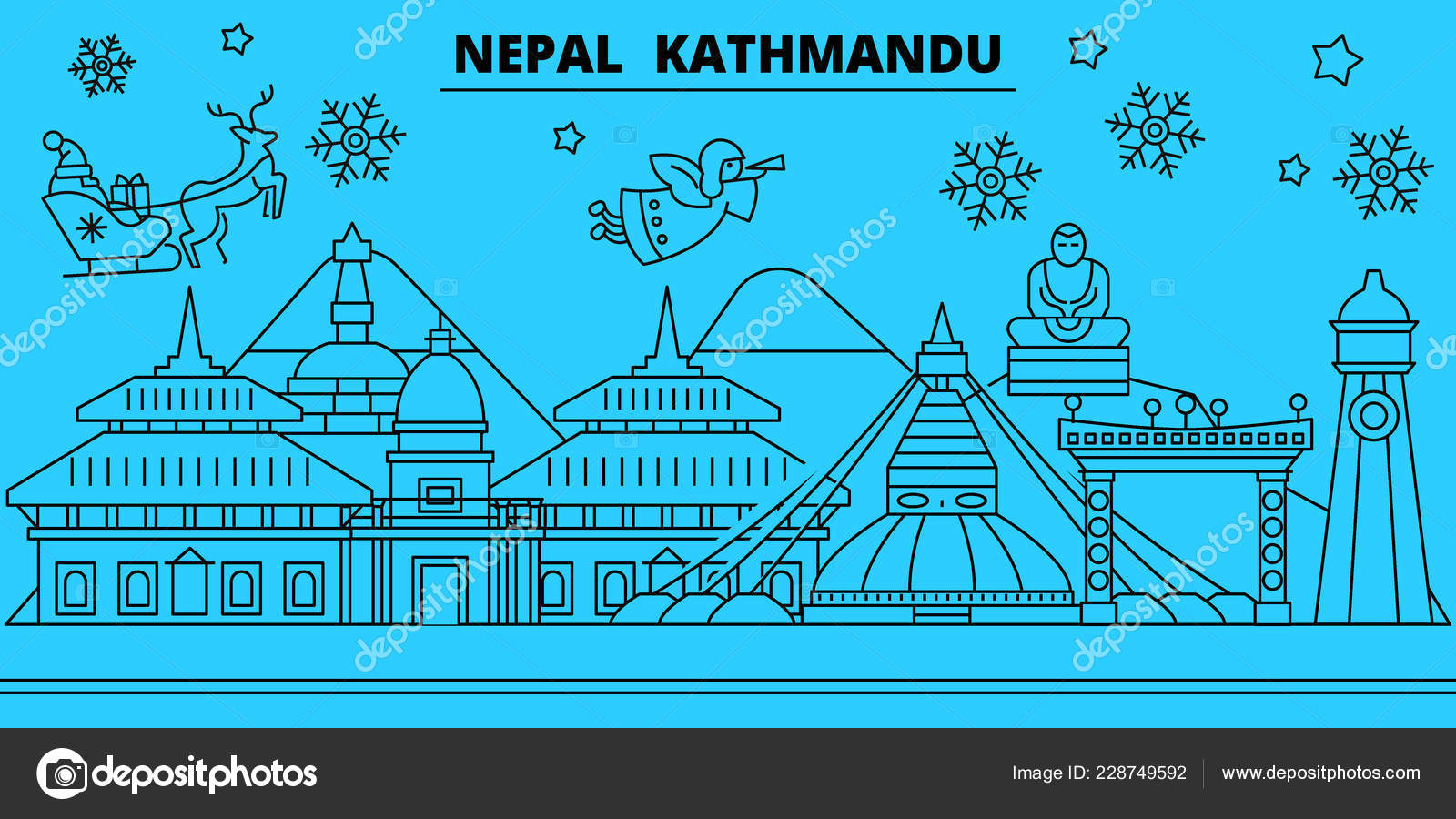 Nepal, Kathmandu winter holidays skyline. Merry Christmas, Happy New Year decorated banner with