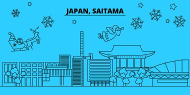Japonya, Saitama kış tatil manzarası. Mutlu Noeller, mutlu yeni yıl afiş Santa Claus.Japan, Saitama doğrusal Noel şehir vektör düz çizim ile dekore edilmiş