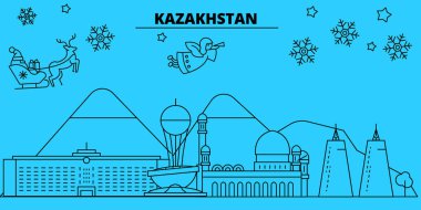 Kazakistan, Alma-ata, Astana kış tatil manzarası. Mutlu Noeller, mutlu yeni yıl afiş Santa Claus.Kazakhstan, Alma-ata, Astana doğrusal Noel şehir vektör düz çizim ile dekore edilmiş