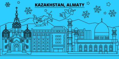 Kazakistan, Almaty kış tatil manzarası. Mutlu Noeller, mutlu yeni yıl afiş Santa Claus.Kazakhstan, Almatı doğrusal Noel şehir vektör düz çizim ile dekore edilmiş