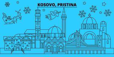 Kosova Priştine kış tatil manzarası. Mutlu Noeller, mutlu yeni yıl afiş Santa Claus.Kosovo, Priştine doğrusal Noel şehir vektör düz çizim ile dekore edilmiş