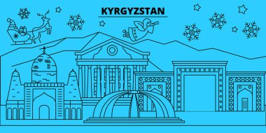 Kırgızistan kış tatil manzarası. Mutlu Noeller, mutlu yeni yıl Noel Baba ile banner dekore edilmiştir. Kırgızistan doğrusal Noel şehir vektör düz çizim