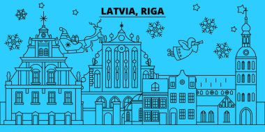 Letonya, Riga kış tatil manzarası. Mutlu Noeller, mutlu yeni yıl afiş Santa Claus.Latvia, Riga doğrusal Noel şehir vektör düz çizim ile dekore edilmiş