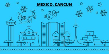 Meksika, Cancun kış tatil manzarası. Mutlu Noeller, mutlu yeni yıl afiş Santa Claus.Flat, Anahat vektör ile dekore edilmiştir. Meksika, Cancun doğrusal Noel şehir şekil