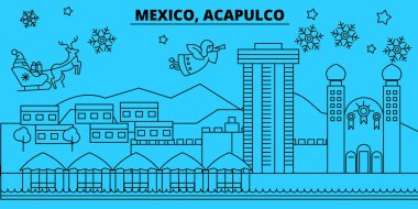 Meksika, Acapulco kış tatil manzarası. Mutlu Noeller, mutlu yeni yıl afiş Santa Claus.Mexico, Acapulco doğrusal Noel şehir vektör düz çizim ile dekore edilmiş