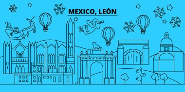 Meksika, Leon kış tatil manzarası. Mutlu Noeller, mutlu yeni yıl afiş Santa Claus.Mexico, Leon doğrusal Noel şehir vektör düz çizim ile dekore edilmiş