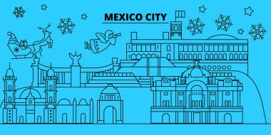 Meksika kış tatil manzarası. Mutlu Noeller, mutlu yeni yıl afiş Santa Claus.Mexico doğrusal Noel şehir vektör düz çizim ile dekore edilmiş