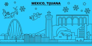 Meksika, Tijuana kış tatil manzarası. Mutlu Noeller, mutlu yeni yıl afiş Santa Claus.Mexico, Tijuana doğrusal Noel şehir vektör düz çizim ile dekore edilmiş