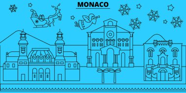 Monaco kış tatil manzarası. Mutlu Noeller, mutlu yeni yıl afiş Santa Claus.Monaco doğrusal Noel şehir vektör düz çizim ile dekore edilmiş