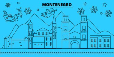Karadağ kış tatil manzarası. Mutlu Noeller, mutlu yeni yıl afiş Santa Claus.Montenegro doğrusal Noel şehir vektör düz çizim ile dekore edilmiş